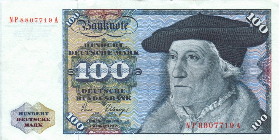 100-DM-Banknote mit einer Darstellung von Sebastian Muenster
